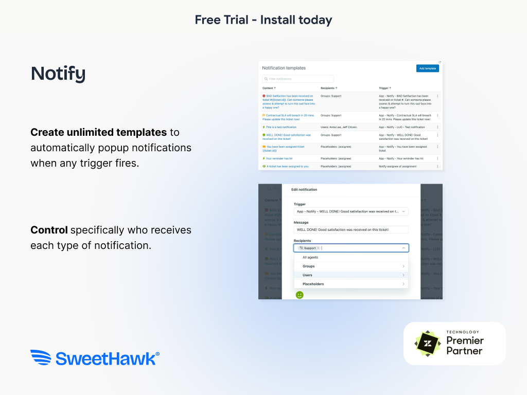 Notify feature detail — Agent Productivity app on the Zendesk Marketplace